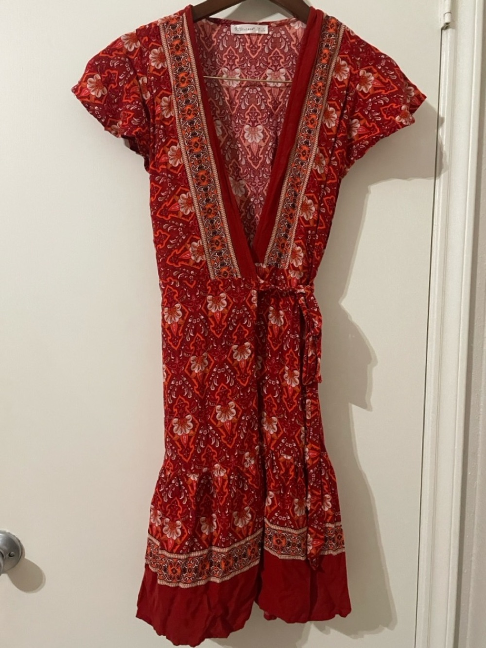 R.Vivimos Red Boho Floral Wrap Mini Dress Short Sleeve S - Picture 2 of 6